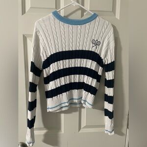 Striped Cable Knit Sweater with Tennis Racket Embroidery